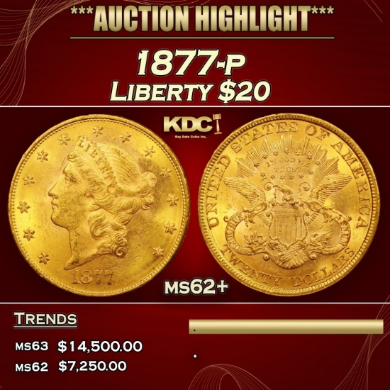 1877-p Gold Liberty Double Eagle $20 ms62+ USCG
