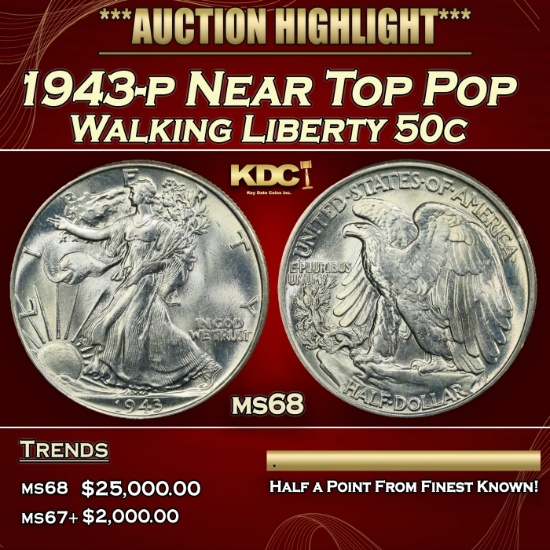 1943-p Walking Liberty Half Dollar Near Top Pop 50c ms68 SEGS