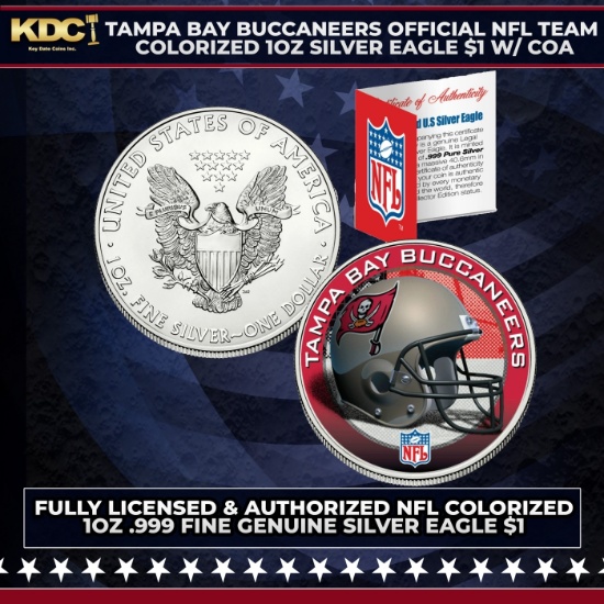 Tampa Bay Buccaneers Official NFL Team Colorized 1oz Silver Eagle $1 w/ COA Grades Other Toy