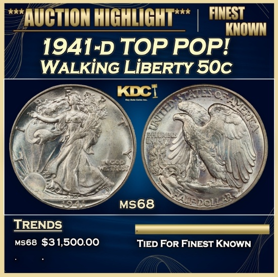 1941-d Walking Liberty Half Dollar TOP POP! 50c ms68 SEGS