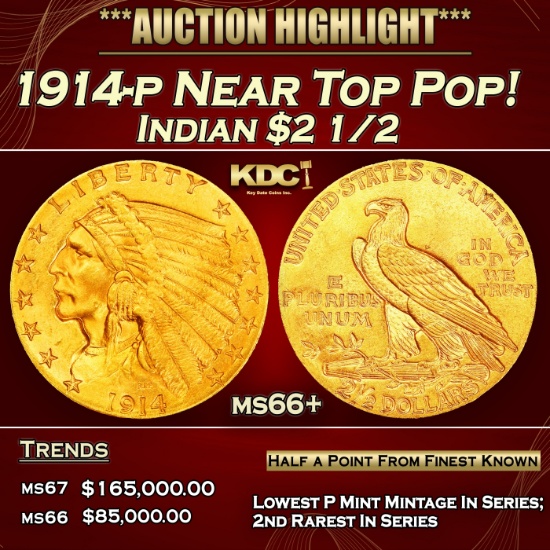 1914-p Gold Indian Quarter Eagle Near Top Pop! $2 1/2 ms66+ USCG