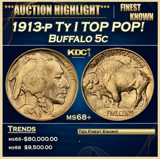 1913-p Ty I Buffalo Nickel TOP POP! 5c ms68+ SEGS