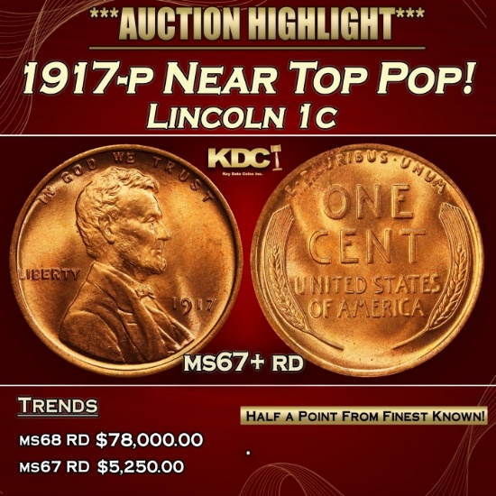 1917-p Lincoln Cent Near Top Pop! 1c ms67+ rd SEGS