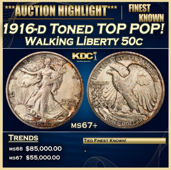 1916-d Walking Liberty Half Dollar Toned TOP POP! 50c ms67+ SEGS