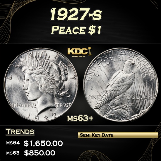 1927-s Peace Dollar $1 ms63+ USCG