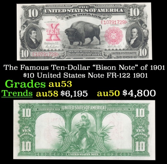 The $10 United States Note Famous Ten-Dollar "Bison Note" of 1901 FR-122 Grades Select AU 1901