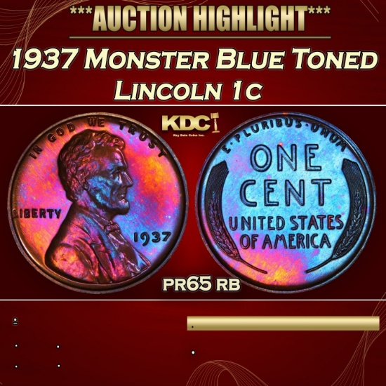 PCGS 1937 Proof Lincoln Cent Monster Blue Toned 1c pr65 rb PCGS