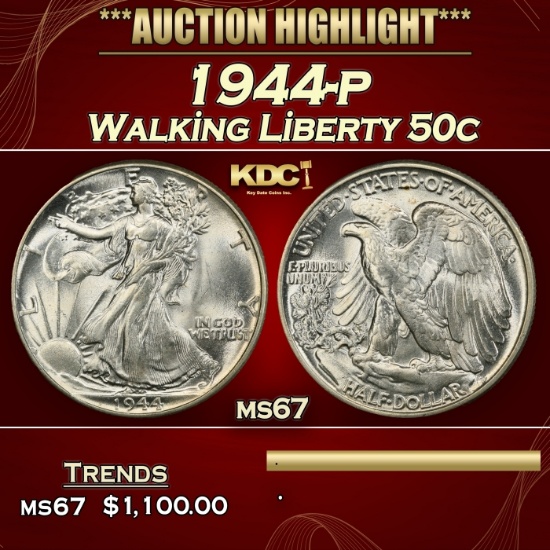 1944-p Walking Liberty Half Dollar 50c ms67 SEGS