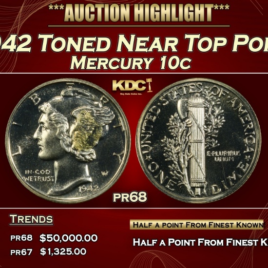 1942 Proof Mercury Dime Toned Near Top Pop! 10c pr68 SEGS