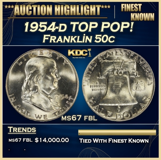1954-d Franklin Half Dollar TOP POP! 50c ms67 fbl SEGS