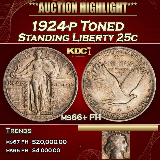 1924-p Standing Liberty Quarter Toned 25c ms66+ FH SEGS
