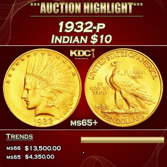 1932-p Gold Indian Eagle $10 ms65+ SEGS