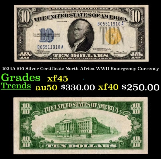1934A $10 Silver Certificate North Africa WWII Emergency Currency Grades xf+