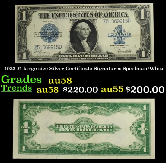 1923 $1 large size Silver Certificate Grades Choice AU/BU Slider Signatures Speelman/White