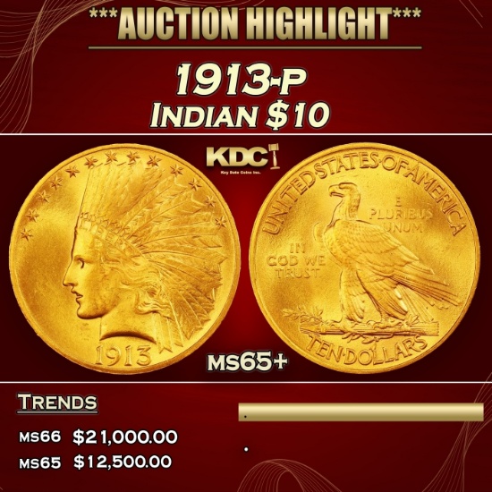 1913-p Gold Indian Eagle $10 ms65+ SEGS