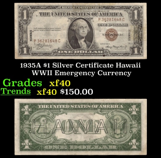 1935A $1 Silver Certificate Hawaii WWII Emergency Currency Grades xf