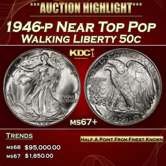 1946-p Walking Liberty Half Dollar Near Top Pop 50c ms67+ SEGS