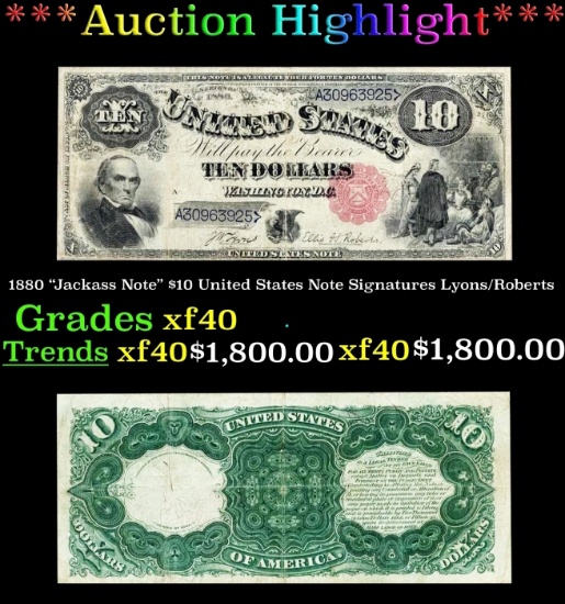 1880 $10 United States Note "Jackass Note" Grades xf Signatures Lyons/Roberts