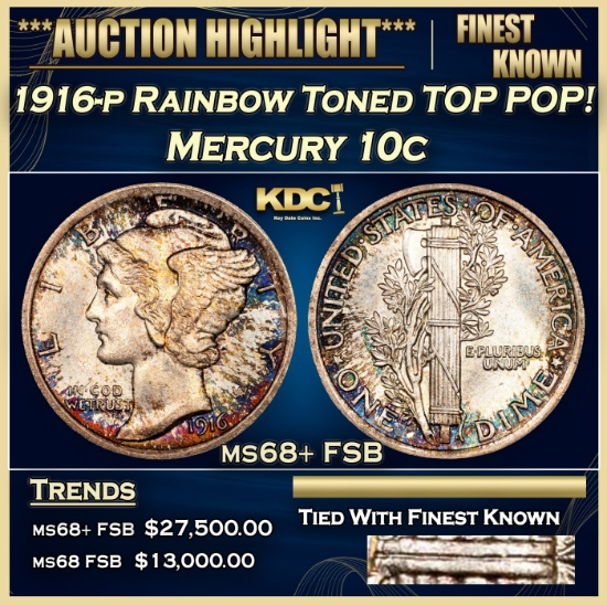 1916-p Mercury Dime Rainbow Toned TOP POP! 10c ms68+ FSB SEGS