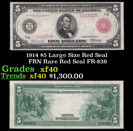 1914 $5 Large Size Red Seal FRN Rare Red Seal Grades xf FR-838