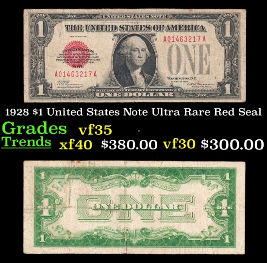 1928 $1 United States Note Ultra Rare Red Seal Grades vf++