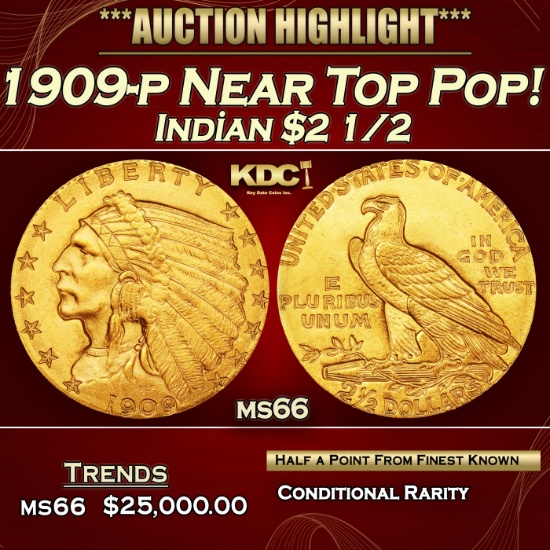 1909-p Gold Indian Quarter Eagle Near Top Pop! $2 1/2 ms66 USCG