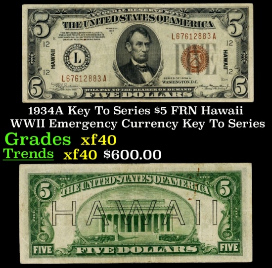 1934A $5 FRN Hawaii WWII Emergency Currency Key To Series Key To Series Grades xf