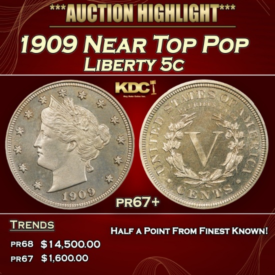 1909 Proof Liberty Nickel Near Top Pop 5c pr67+ SEGS
