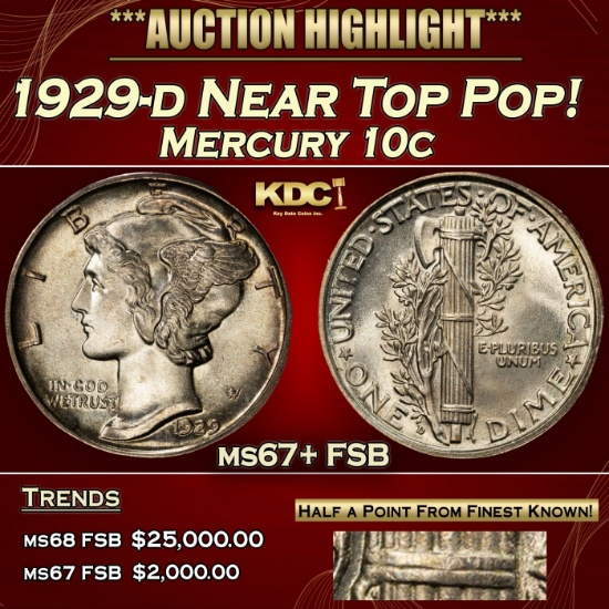1929-d Mercury Dime Near Top Pop! 10c ms67+ FSB SEGS