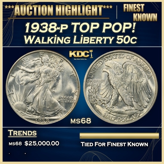 1938-p Walking Liberty Half Dollar TOP POP! 50c ms68 SEGS