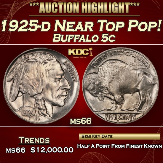 1925-d Buffalo Nickel Near Top Pop! 5c ms66 SEGS