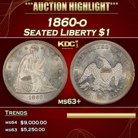 1860-o Seated Liberty Dollar $1 ms63+ SEGS