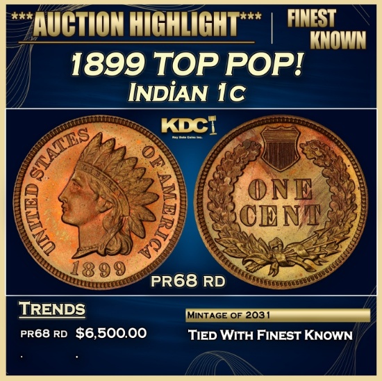 1899 Proof Indian Cent TOP POP! 1c pr68 rd SEGS