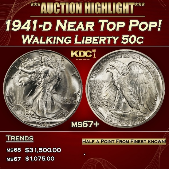 1941-d Walking Liberty Half Dollar Near Top Pop! 50c ms67+ SEGS