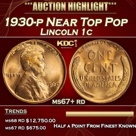 1930-p Lincoln Cent Near Top Pop 1c ms67+ rd SEGS
