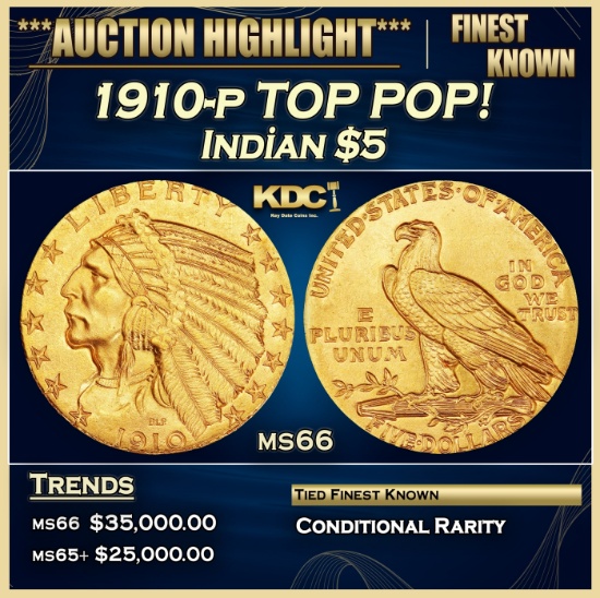 1910-p Gold Indian Half Eagle TOP POP! $5 ms66 USCG