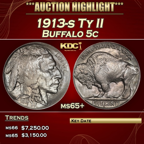 1913-s Ty II Buffalo Nickel 5c ms65+ SEGS