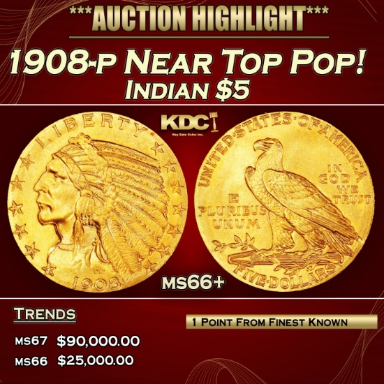 1908-p Gold Indian Half Eagle Near Top Pop! $5 ms66+ USCG