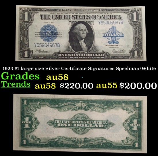 1923 $1 large size Silver Certificate Grades Choice AU/BU Slider Signatures Speelman/White