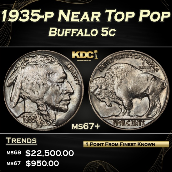 1935-p Buffalo Nickel Near Top Pop 5c ms67+ SEGS
