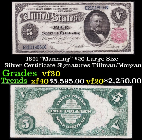 1891 $20 Large Silze Silver Certificate "Manning" Grades vf++ Signatures Tillman/Morgan