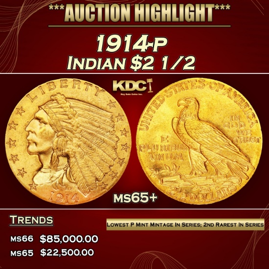 1914-p Gold Indian Quarter Eagle $2 1/2 ms65+ SEGS