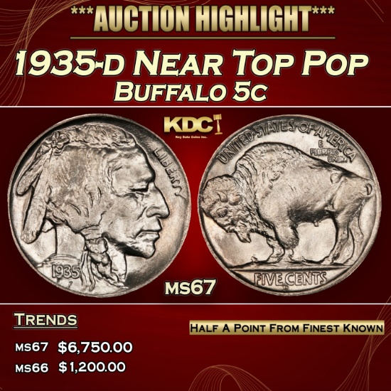 1935-d Buffalo Nickel Near Top Pop 5c ms67 SEGS