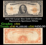 1922 $10 Large Size Gold Certificate Grades vf+ Signatures Speelman/White
