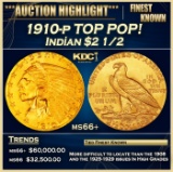 1910-p Gold Indian Quarter Eagle TOP POP! $2 1/2 ms66+ USCG