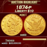 1874-p Gold Liberty Eagle $10 ms63 USCG