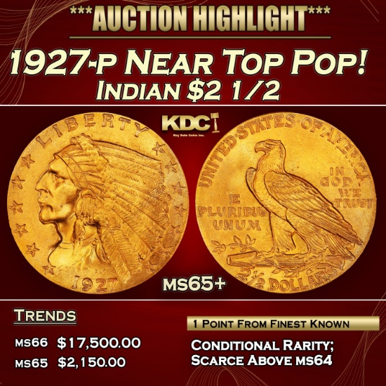 1927-p Gold Indian Quarter Eagle Near Top Pop! $2 1/2 ms65+ SEGS