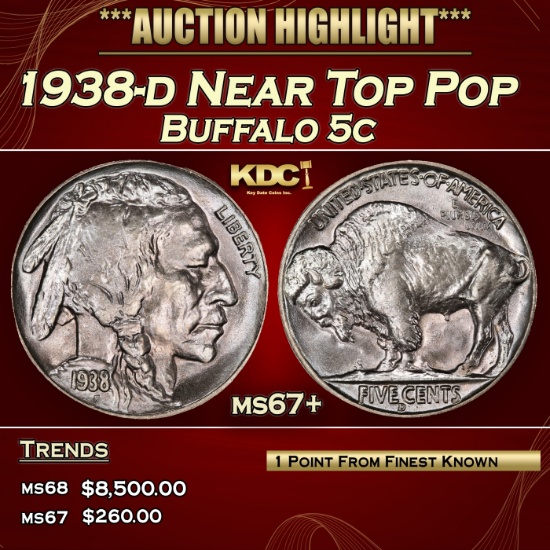 1938-d Buffalo Nickel Near Top Pop 5c ms67+ SEGS