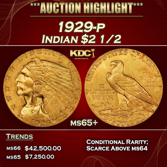 1929-p Gold Indian Quarter Eagle $2 1/2 ms65+ SEGS