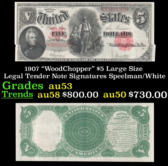 1907 $5 Large Size Legal Tender Note "WoodChopper" Grades Select AU Signatures Speelman/White